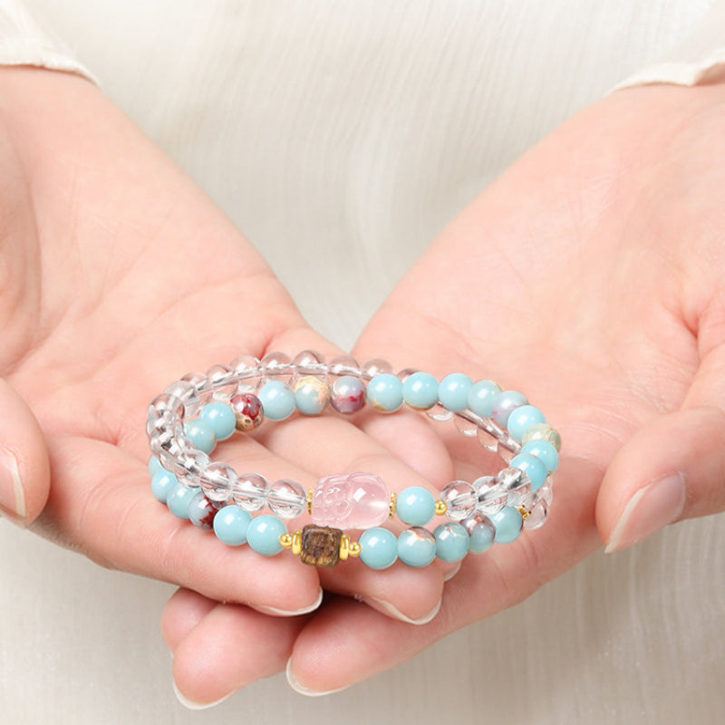 Bracelet triple tour en cristal de rose naturelle