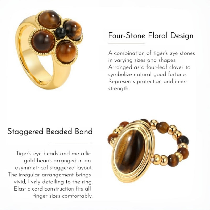 2pcs Set Gilded Four-Petal & Oval Tiger's Eye Ring - Talisman Attract Wealth, Boost Career & Repel Negative Energy