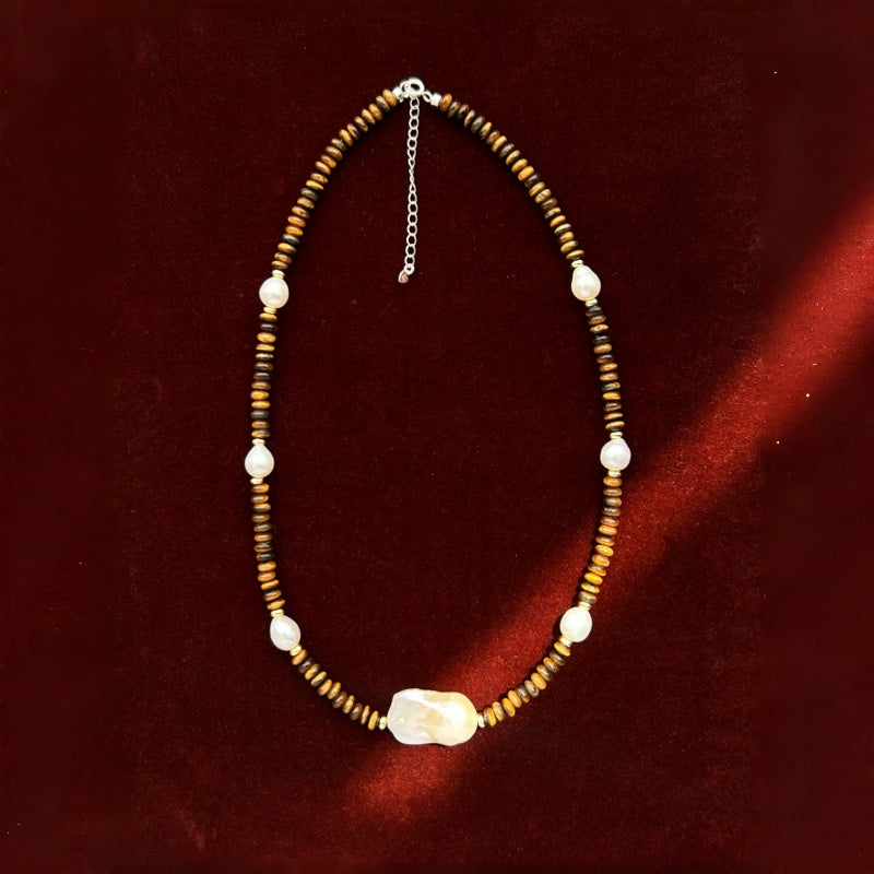 Irregular Baroque Pearl Natural Tiger Eye Stone Necklace — Gift for Mom