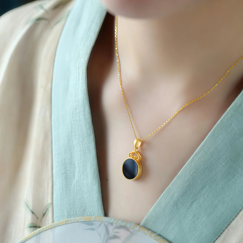Natural Black Hetian Jade Auspicious Cloud Round Tablet Necklace - Protection & Wholeness