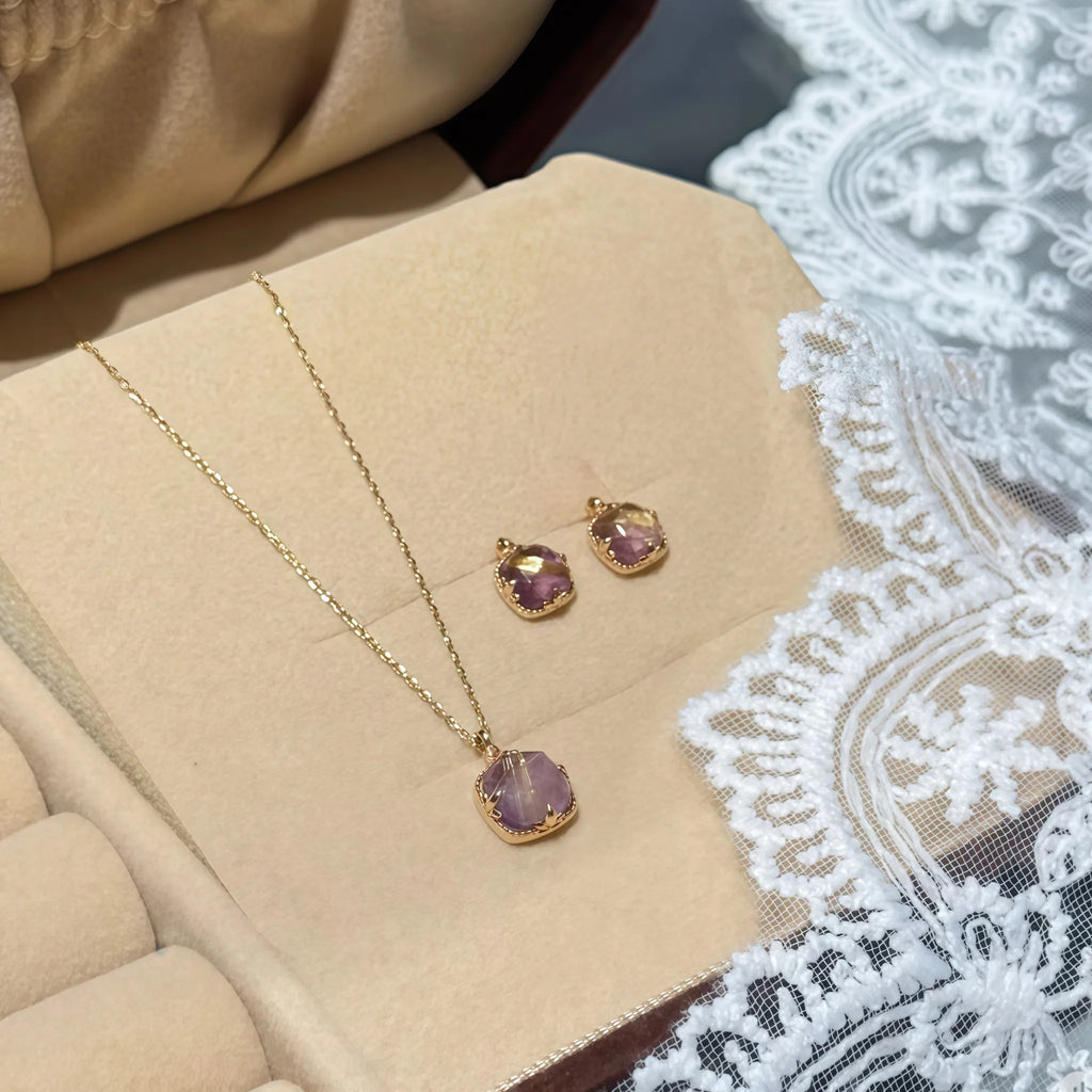 Faceted Square Rutilated Quartz & Amethyst Rose Gold Gift Box Set - Strengthen Personal Aura