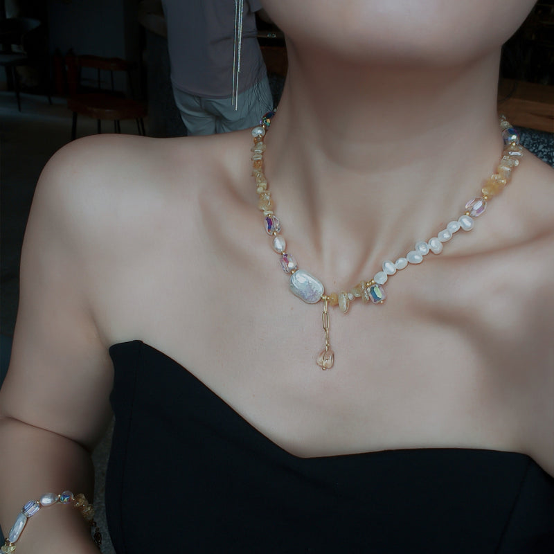 Choker en perles baroques et citrine naturelle - Attire la richesse et change la chance