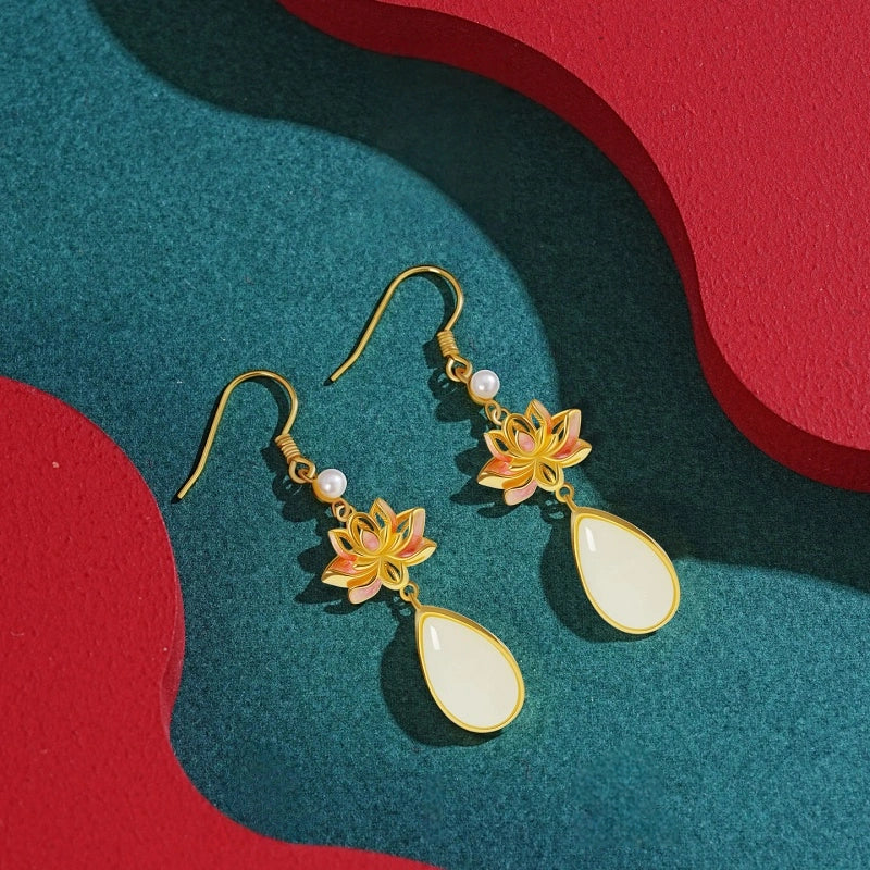 Natural Hetian Jade Lotus Earrings - Calm & Inner Peace