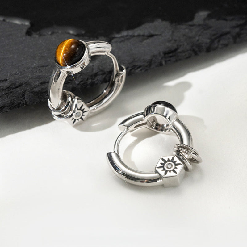 Boucles d'oreilles en œil de tigre naturel et argent, style streetwear — Courage fougueux pour mon petit ami