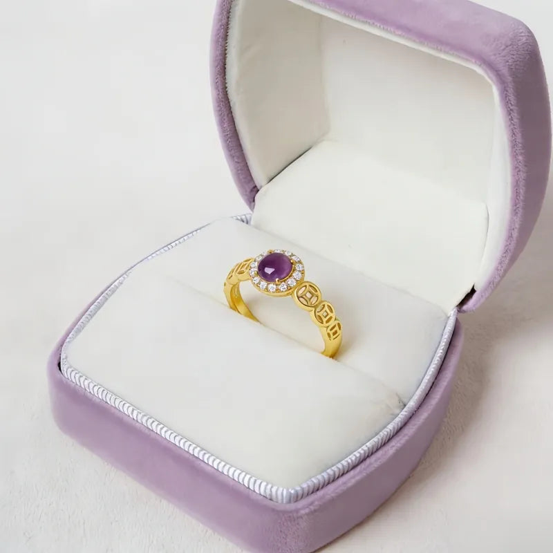 Natural Amethyst Coin Fortune Ring