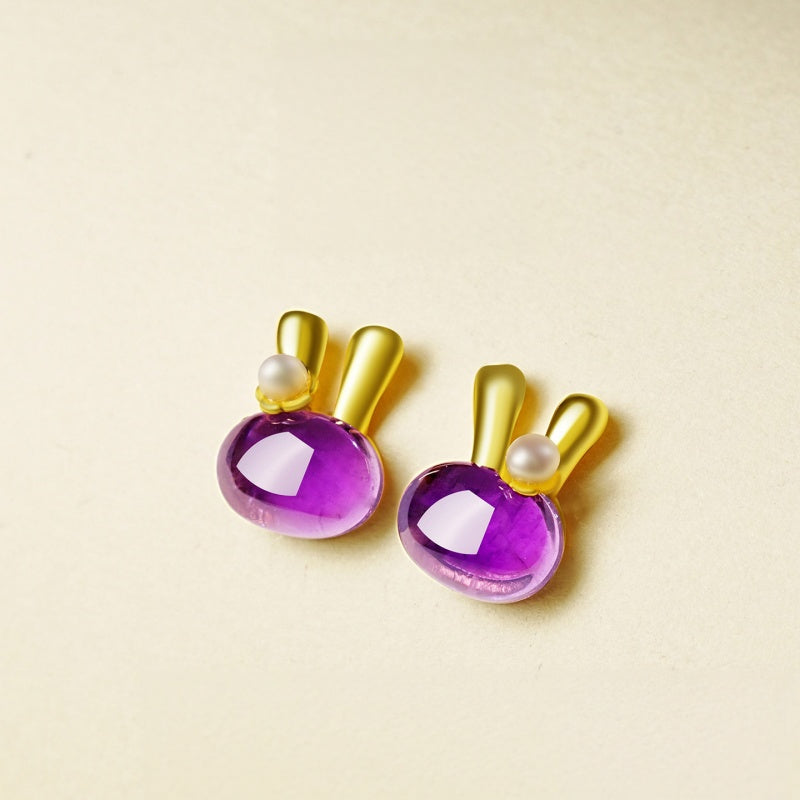 Golden Bunny Amethyst Earrings - Banishes Negative Energy