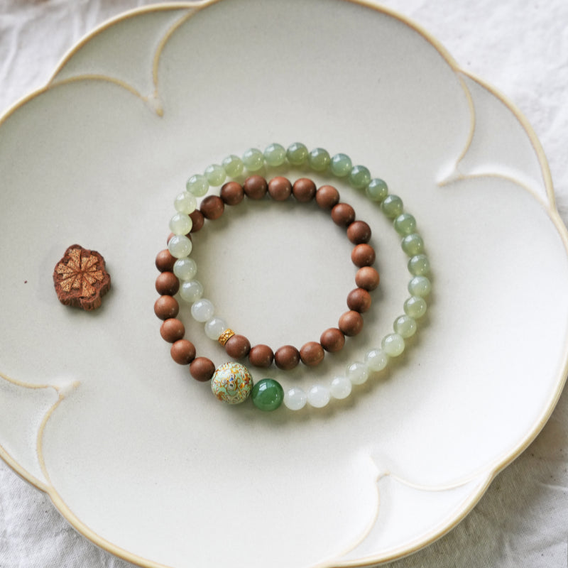 Natural Hetian Jade & Sandalwood Bracelet– Ground Spirit, Purify Aura, Attract Peace