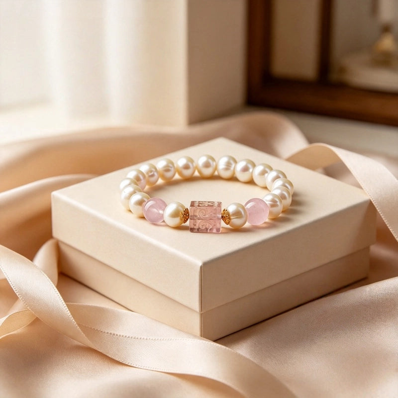 Freshwater Pearl Powder Crystal Bracelet — Rose Quartz Attracts Gentle Love