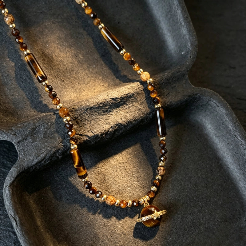Collier en pierre naturelle œil de tigre, chaîne de luxe planètes cosmiques