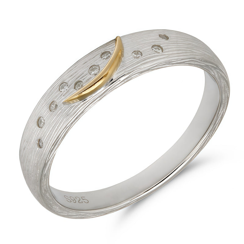 Two Tone Brushed Star Moon Band Ring