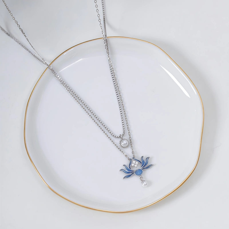 Enamel Blue Lotus Pearl Necklace - Tender Love & Peaceful Fortune