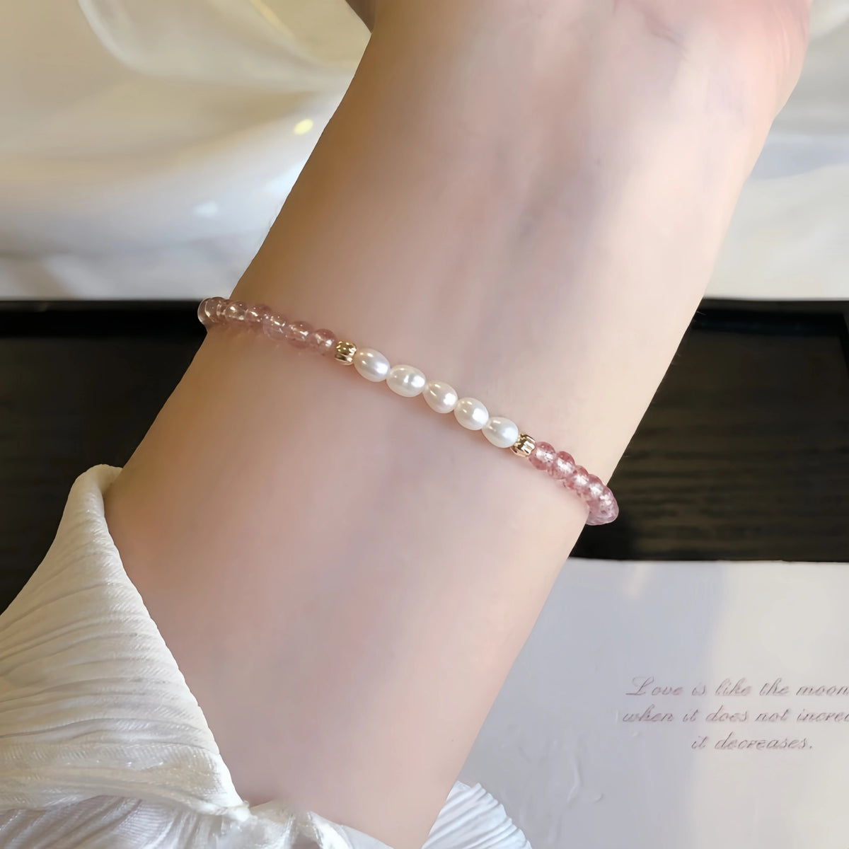 Strawberry Quartz & Pearl Stackable Bracelet - Sweet Loving Vibes
