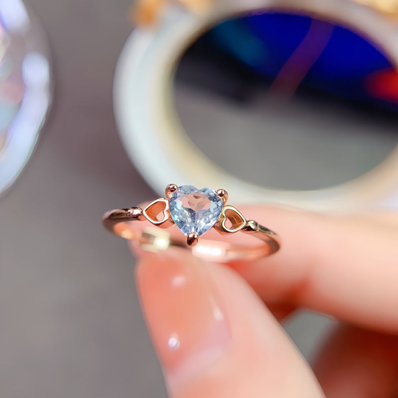 Bague Cœur en Aigue-marine Pierre de Naissance – Courage, Paix et Purificateur d'Énergie Négative