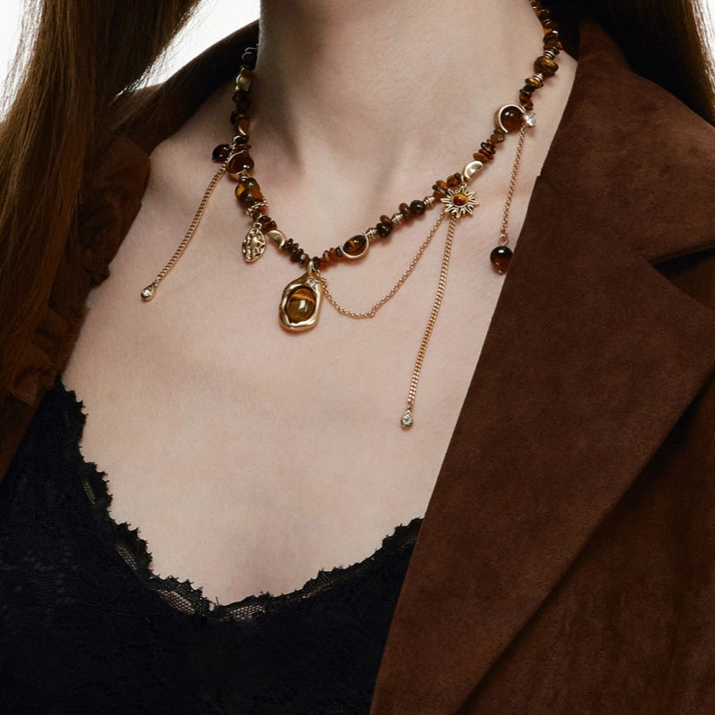 Collier en pierre œil de tigre naturelle, collier ras-du-cou Maillard vintage à franges