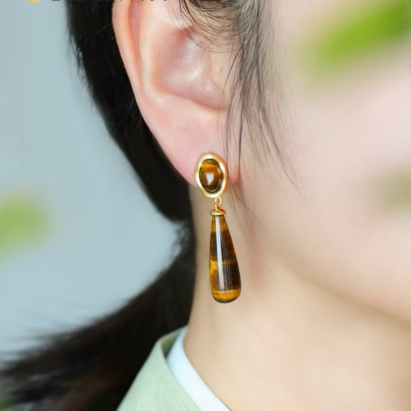 Waterdrop Natural Tiger Eye Earrings — Wealth-Attracting & Protective