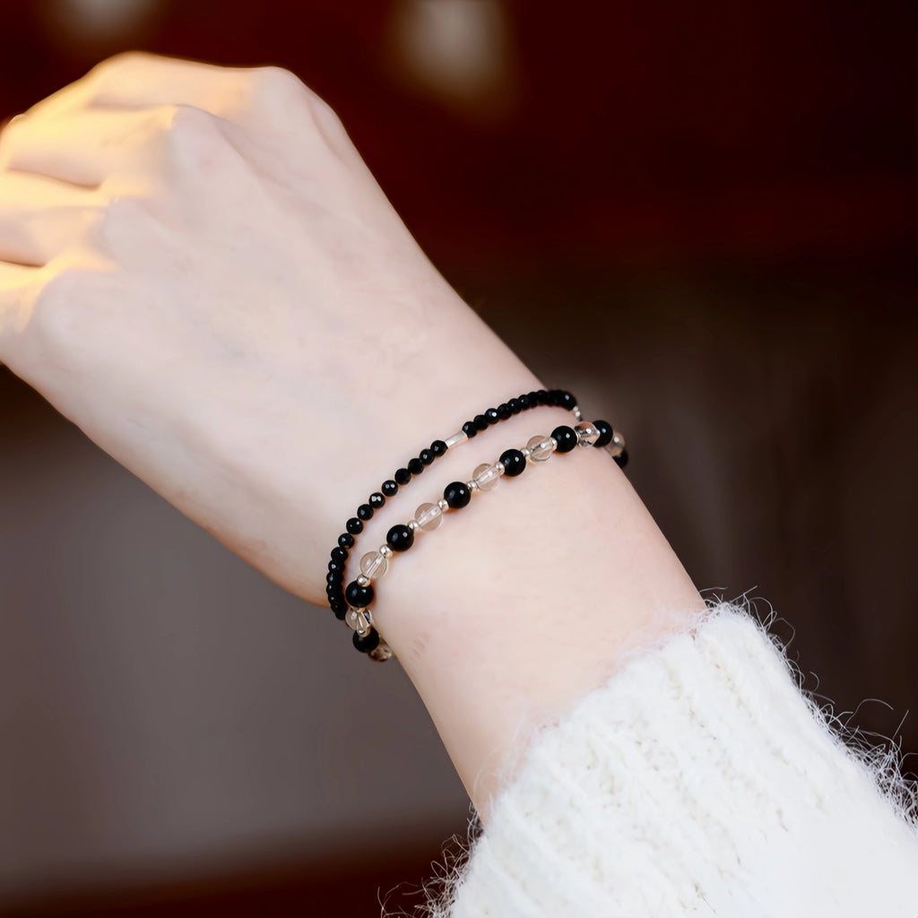 Obsidian, Black Onyx & Clear Quartz Stackable Bracelet - Protection & Balance