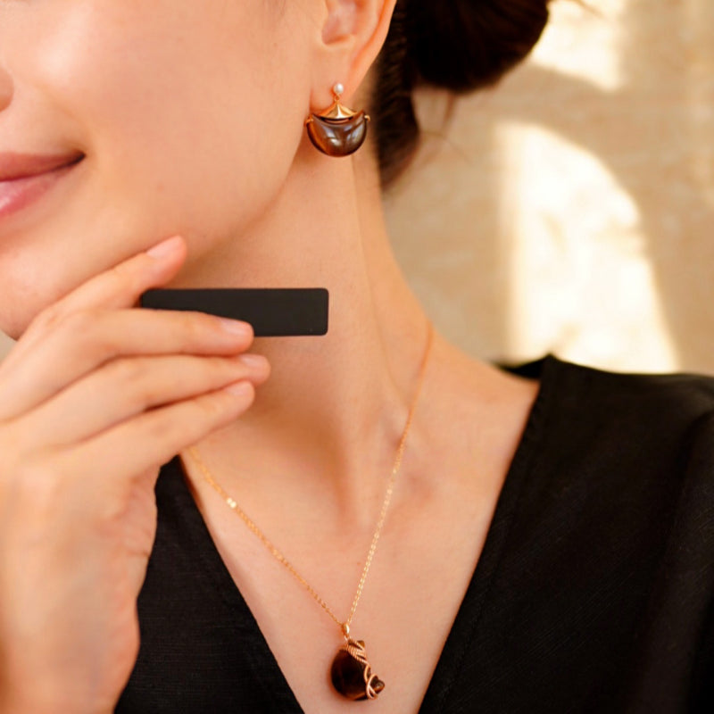 Fortis Natural Tiger Eye Earrings — French Retro Crescent Moon