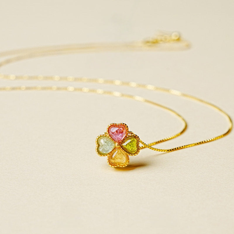 Collier trèfle à quatre feuilles et tourmaline multicolore – Cadeau d'anniversaire et de remise de diplôme pour meilleure amie
