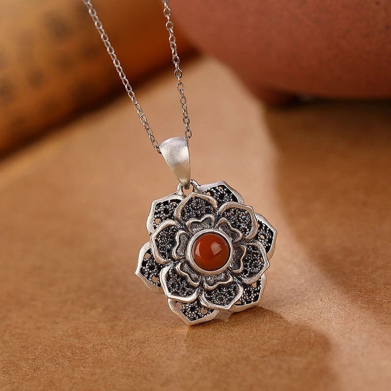 Lotus with Red Agate S925 Necklace - Clear All Negative Energy