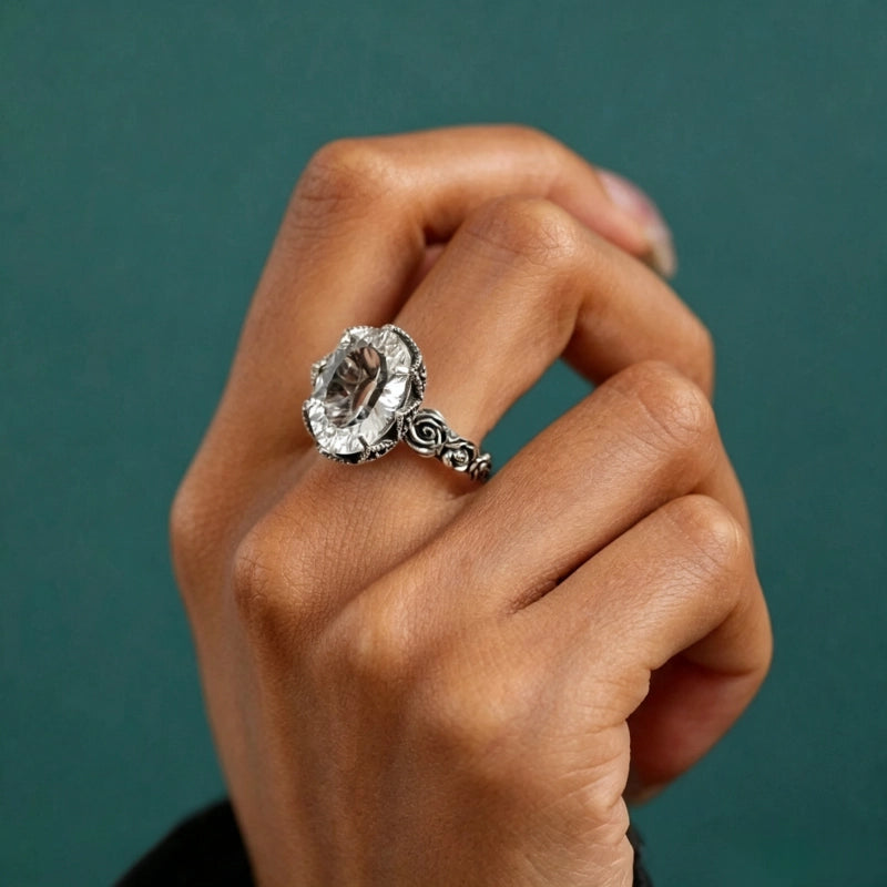 Classic Rose Pattern Natural Clear Crystal Ring - Chaste Love