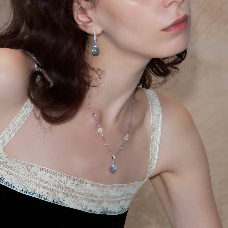 Gray Moonstone & Clear Quartz Necklace & Earrings Set – Soothe Emotions, Cleanse Aura