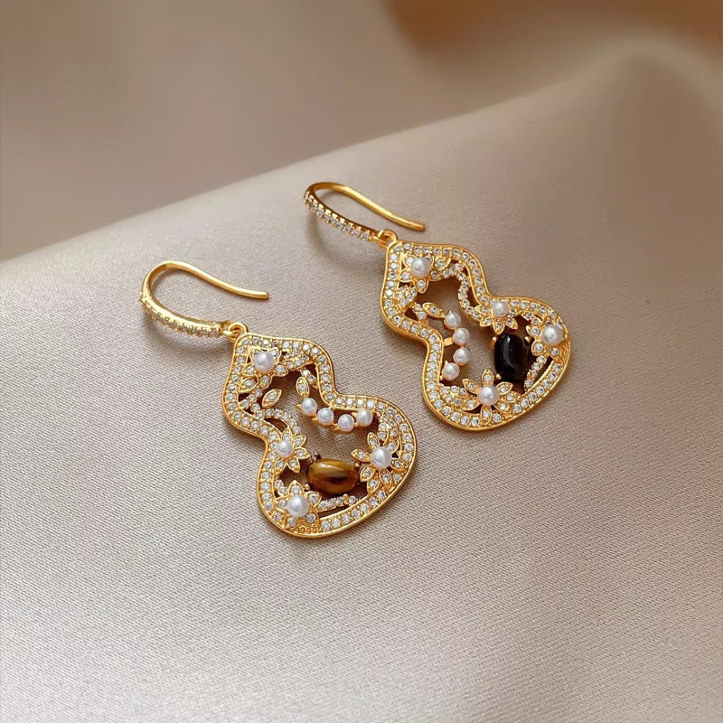 Hollow Gourd Tiger Eye Drop Earrings, Blessing Wealth Crystal Ear Jewelry