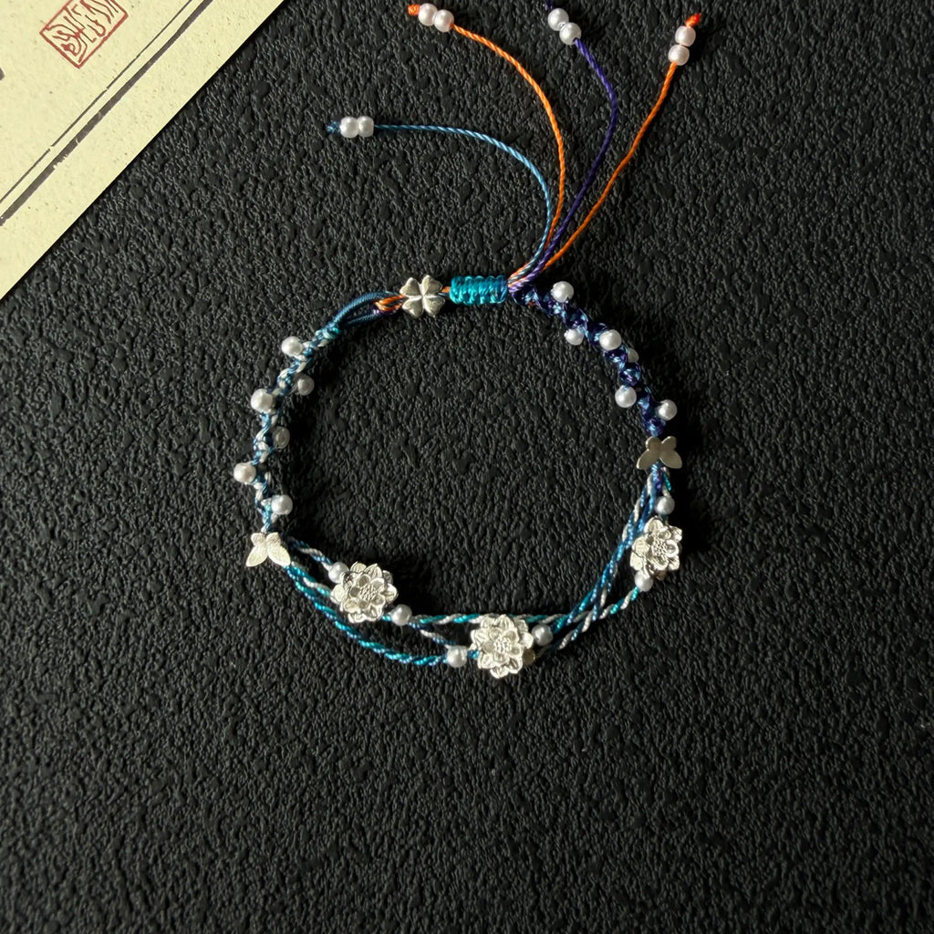 S999 Fine Silver Lotus Hand Braided Blue & Green Bracelet - Peace & Purification Energy