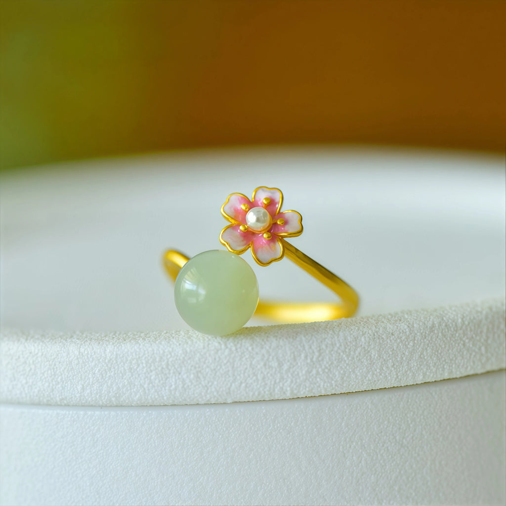 Oriental Cherry Blossom Enamel Jade Pearl Jewelry Set - Gentle Protection