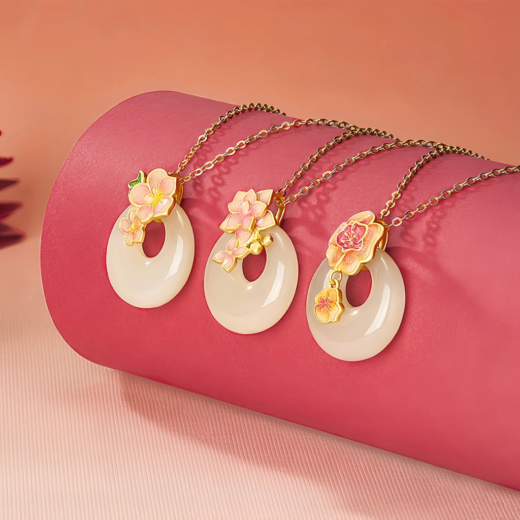 Hetian Jade Floral Donut Necklace - Peace Charm with Floral Motif
