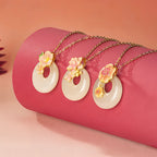 Hetian Jade Floral Donut Necklace - Peace Charm with Floral Motif