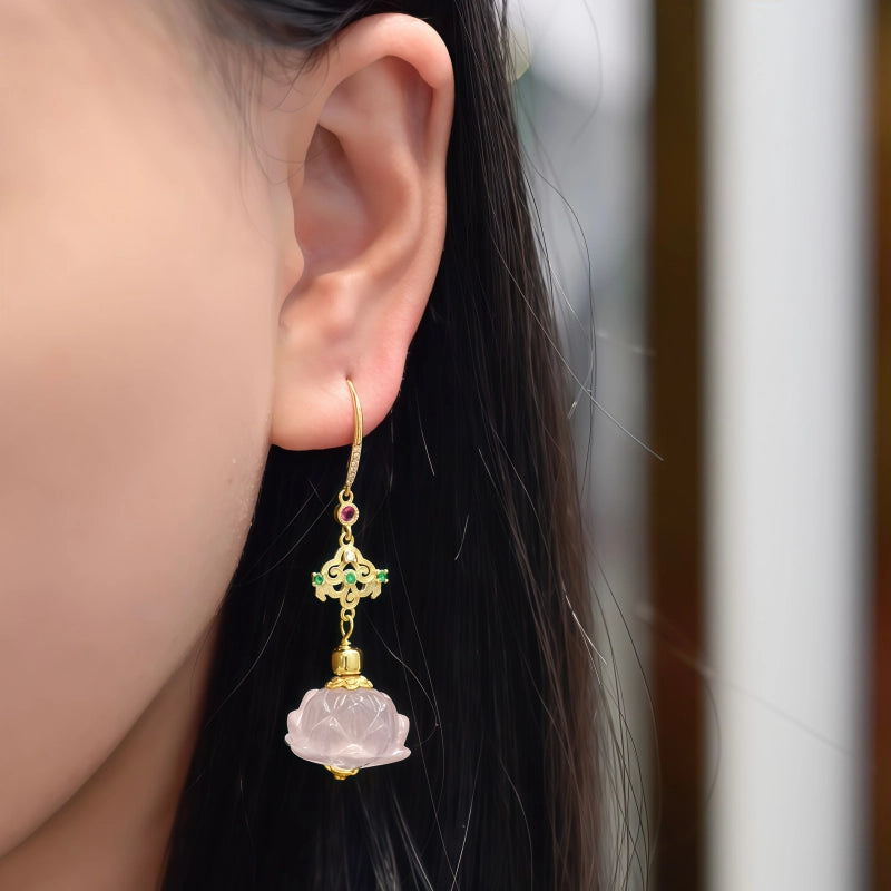 Boucles d'oreilles en cristal rose naturel, gouttes de lotus