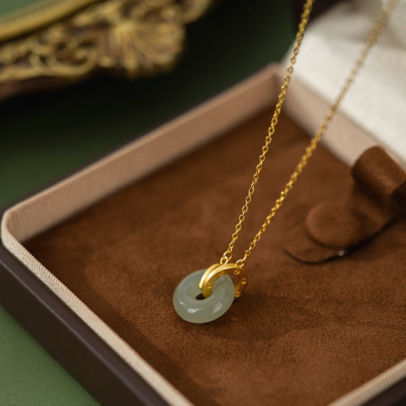 Interlocking Jade Ping An Lock Necklace, Oriental Peace Symbol Jewelry