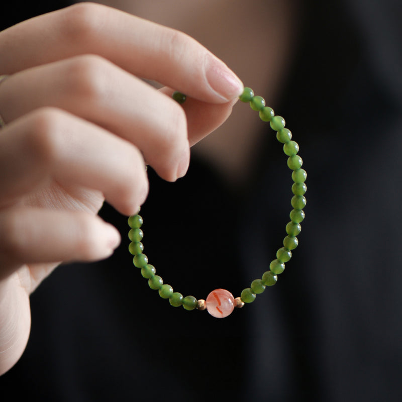 Hetian Green Jade & Ice Floating Southern Red Agate Bracelet – Soothes Emotions