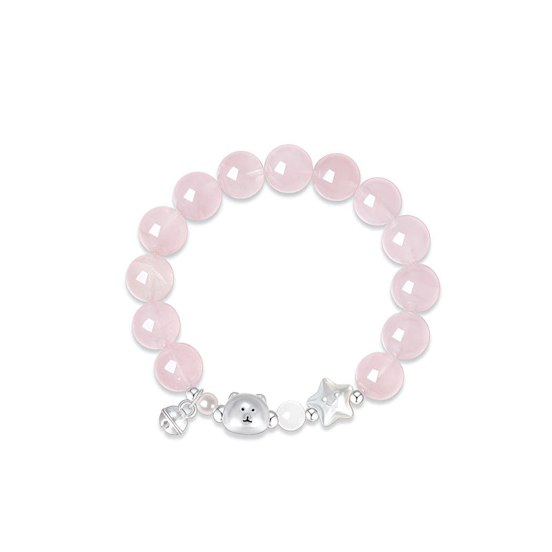 Natural Powder Crystal Bracelet, Pure Silver Teddy Bear Bell Bracelet