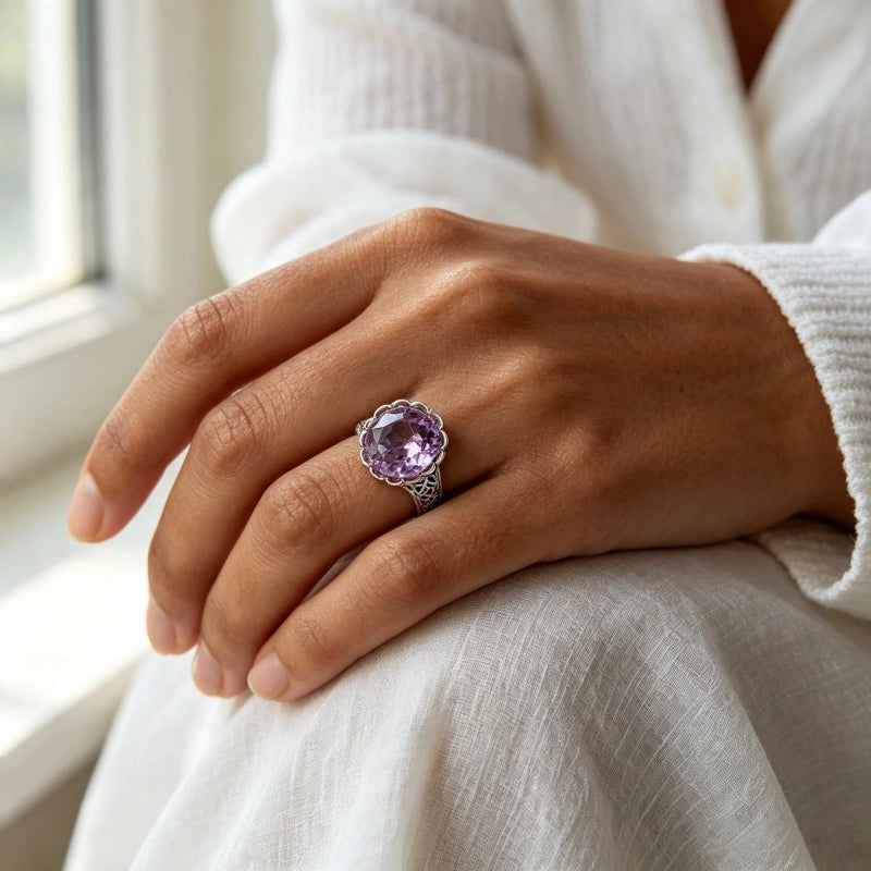 Bague Lotus en Améthyste Naturelle – Design Vintage en Argent Sterling 925