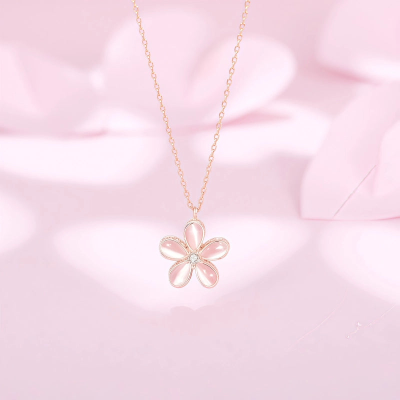 Collier Fleur de Cerisier Rose avec Chaîne de Clavicule Premium en Argent Pur Rotative