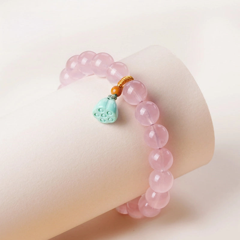 Natural Rose Quartz Lotus Pendant Bracelet - Draws Sweet Love