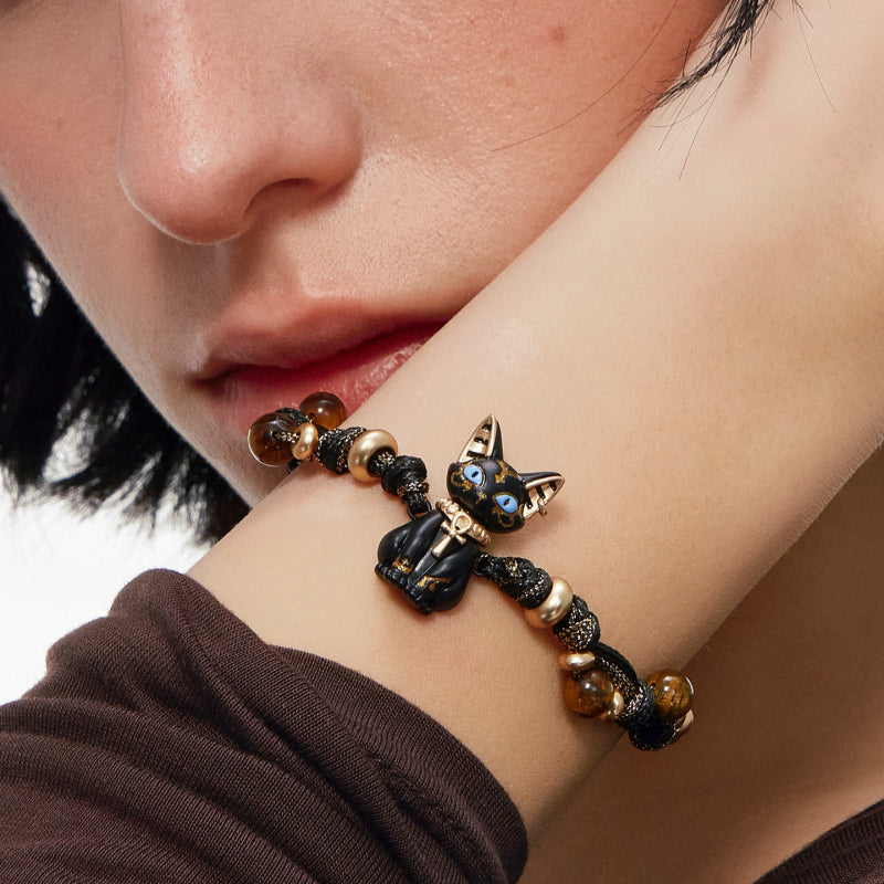Natural Tiger Eye Stone Bracelet — Ancient Egyptian Bastet Guardian Black Cat Goddess