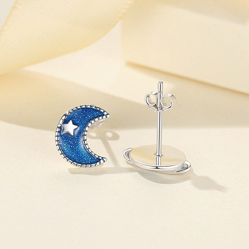 Moon Star High-Glitter Starry Blue Enamel Earrings, Asymmetry Studs
