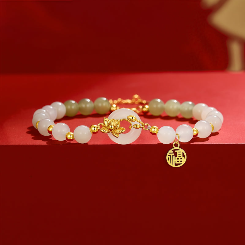 Natural Hetian Jade Lotus Peace Buckle Bracelet, Gift for Peace Wishes