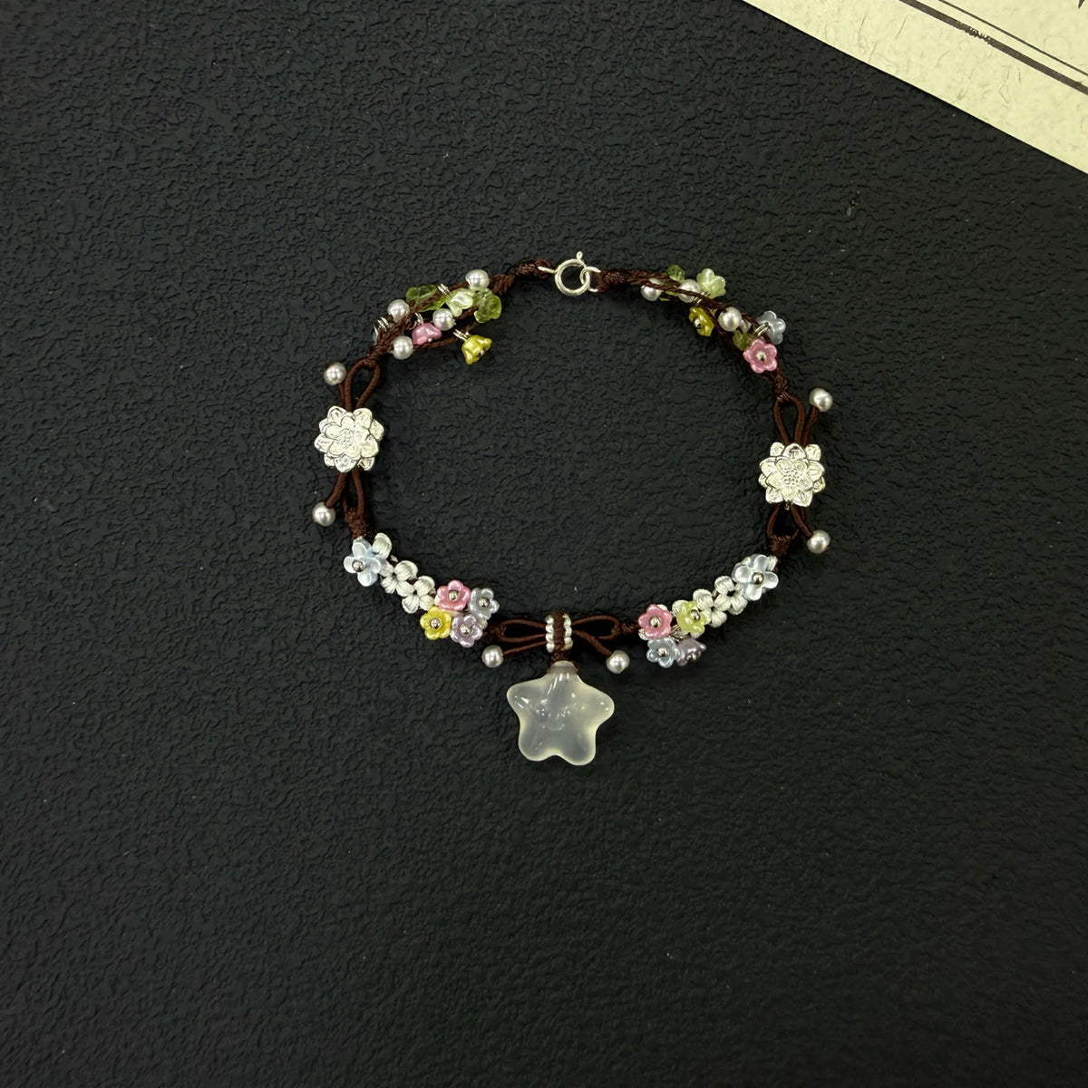 Sterling Silver Lotus Icy Chalcedony Star Macrame Bracelet - Peace & Positive Energy Healing Bracelet