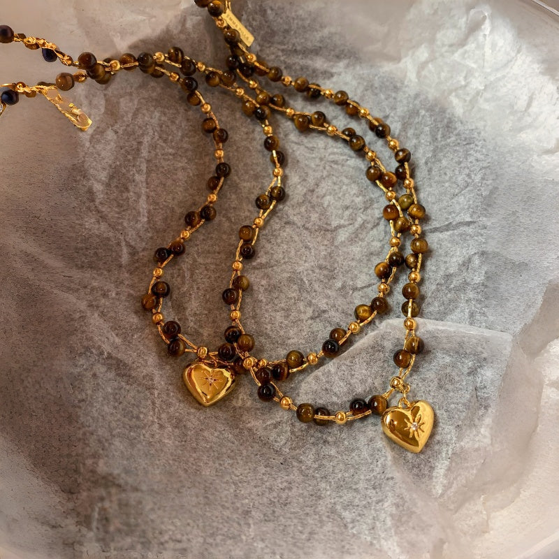 Natural Tiger Eye Stone Necklace — Spring Summer Double Layer Heart , A Gift for Your Beloved