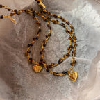 Natural Tiger Eye Stone Necklace — Spring Summer Double Layer Heart , A Gift for Your Beloved