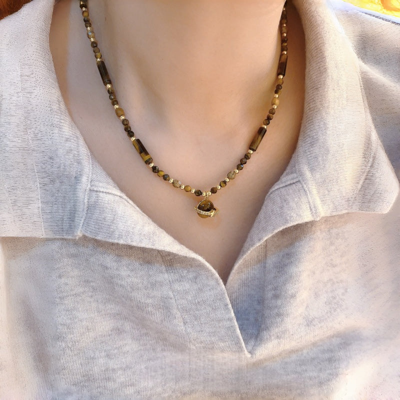 Natural Tiger Eye Stone Necklace, Cosmic Planet High-End Sense Chain