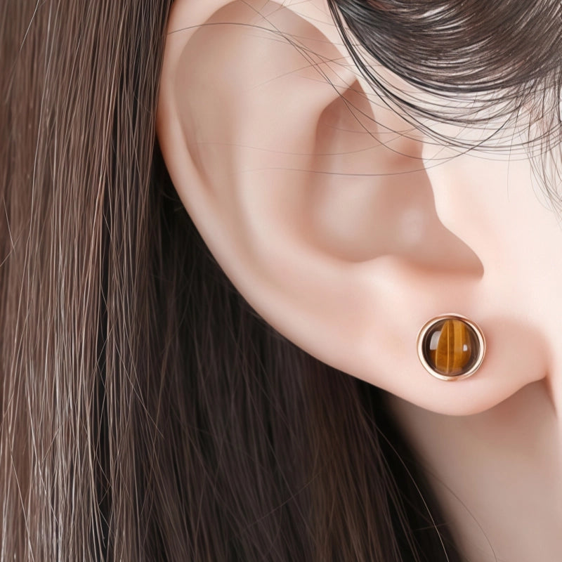 Natural Tiger Eye Stone S925 Earrings, Simple High-end Round Earrings