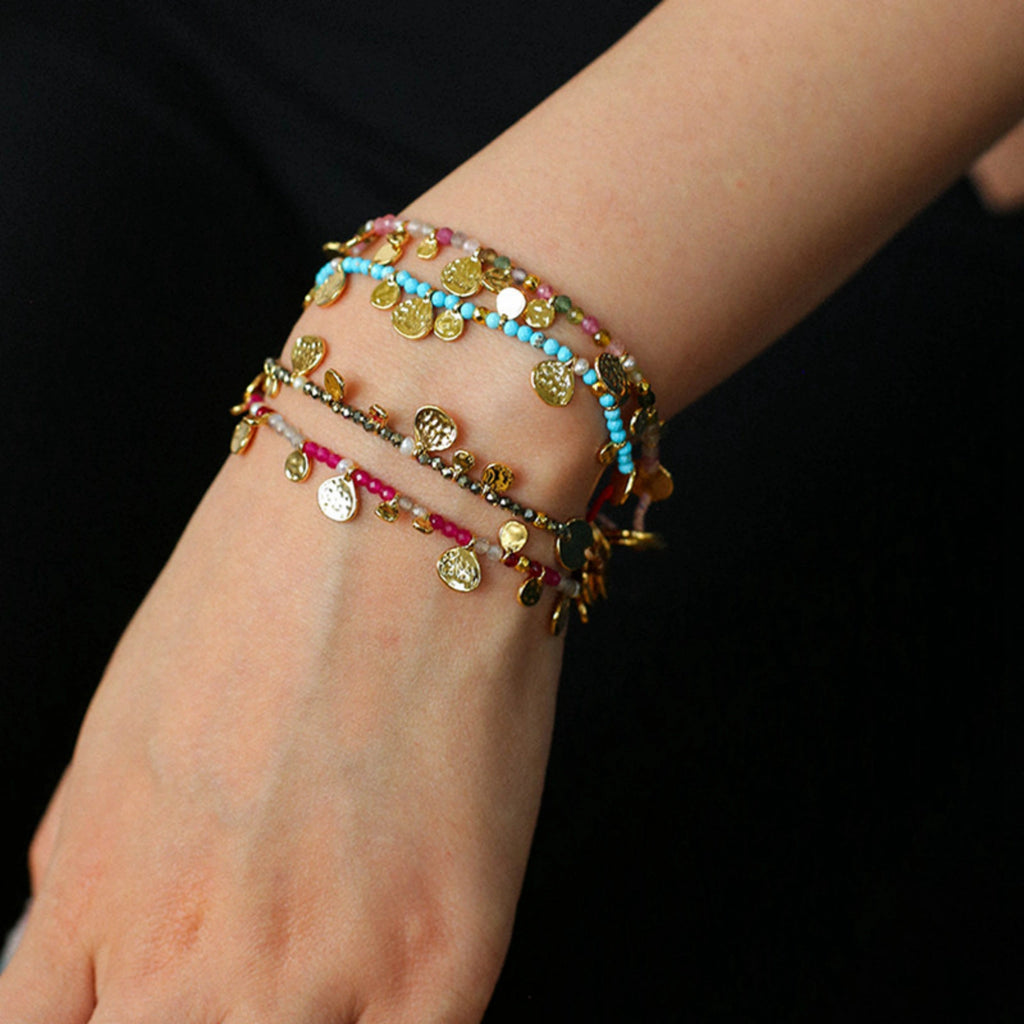Hand‑Hammered Gold Coin Natural Stone Beaded Stack Bracelet - Healing, Inner Power