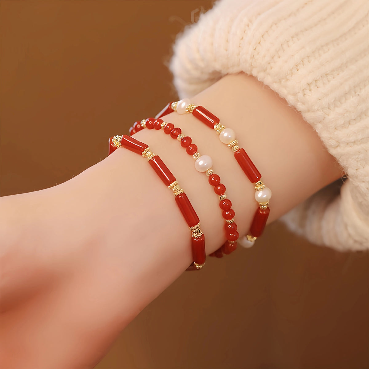 Red Agate & Pearl Stackable Bracelet with Bamboo Charm - Growth & Calm