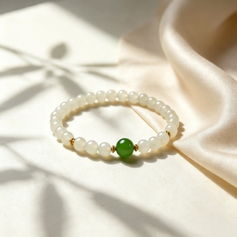 Natural Hetian White Jade Bracelet — Pure Energy White & Green Jade