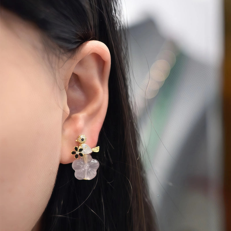 Cherry Blossom Whisper Natural Rose Quartz Drop Earrings