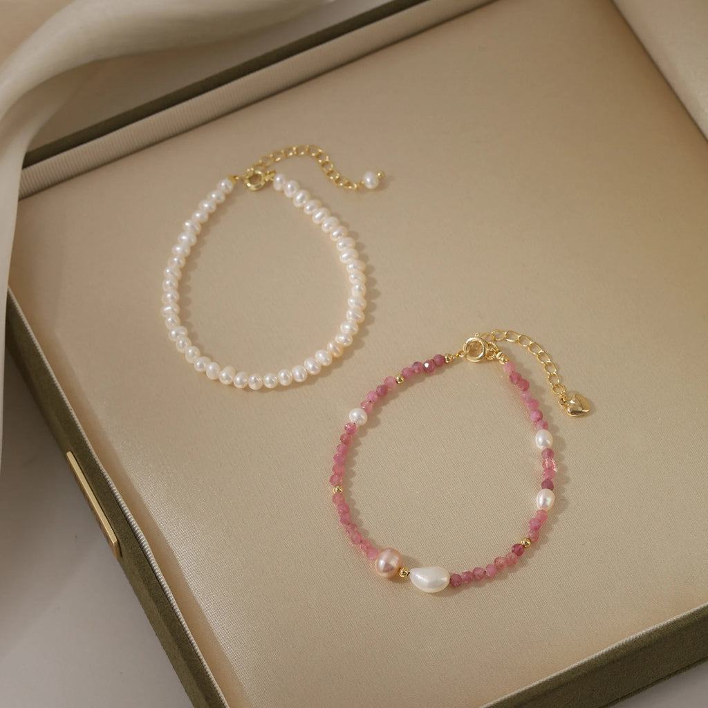 Soft Pink Tourmaline and Natural Pearl Bracelet - Peaceful and Optimistic Energy
